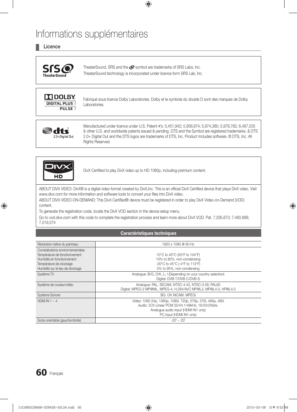 Informations supplémentaires | Samsung UE46C6820US User Manual | Page 122 / 249