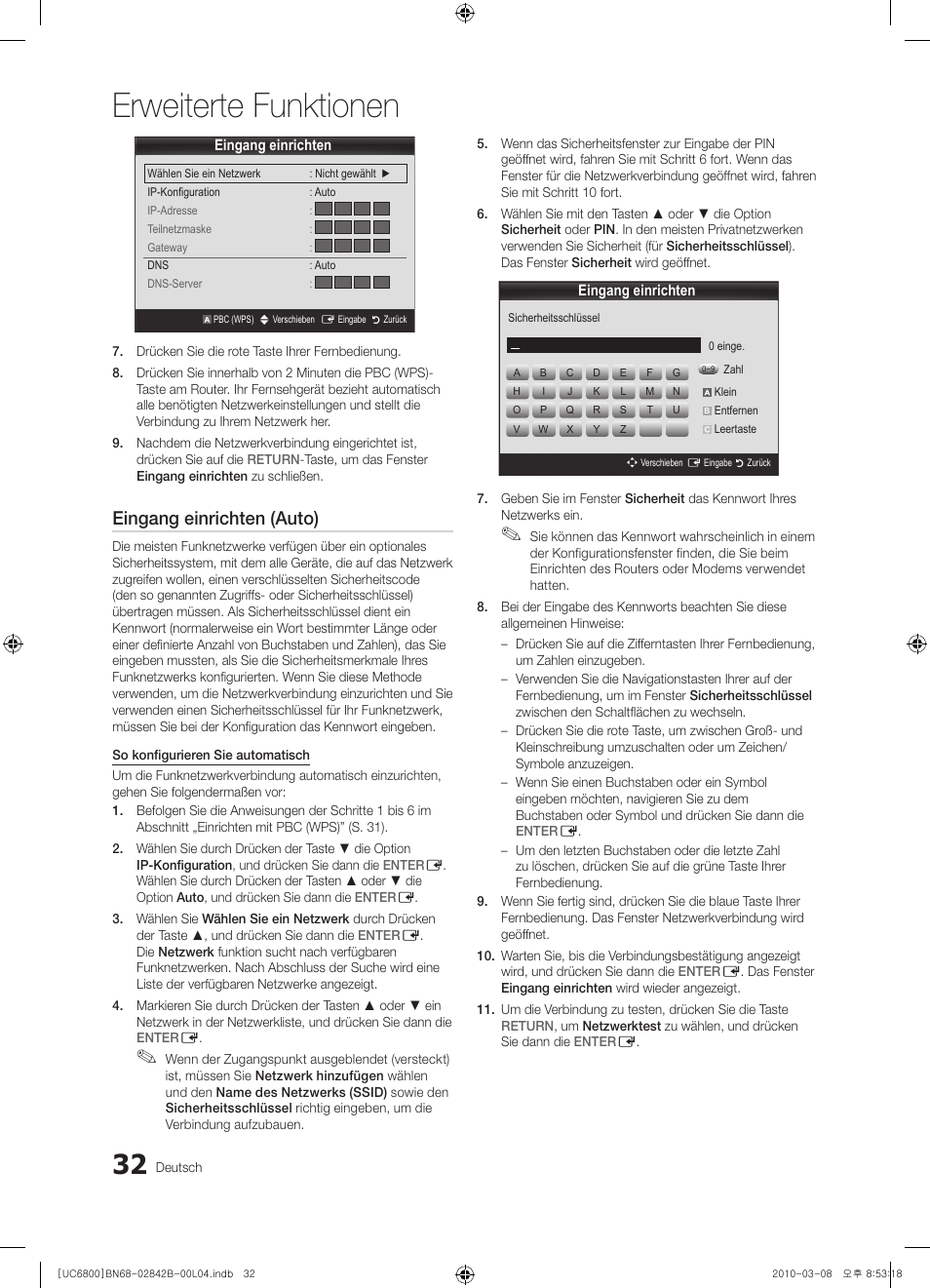 Erweiterte funktionen, Eingang einrichten (auto) | Samsung UE46C6820US User Manual | Page 156 / 249