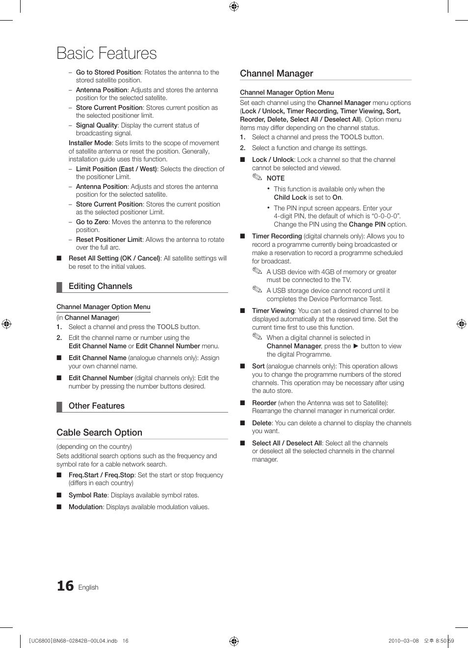 Basic features, Cable search option, Channel manager | Samsung UE46C6820US User Manual | Page 16 / 249