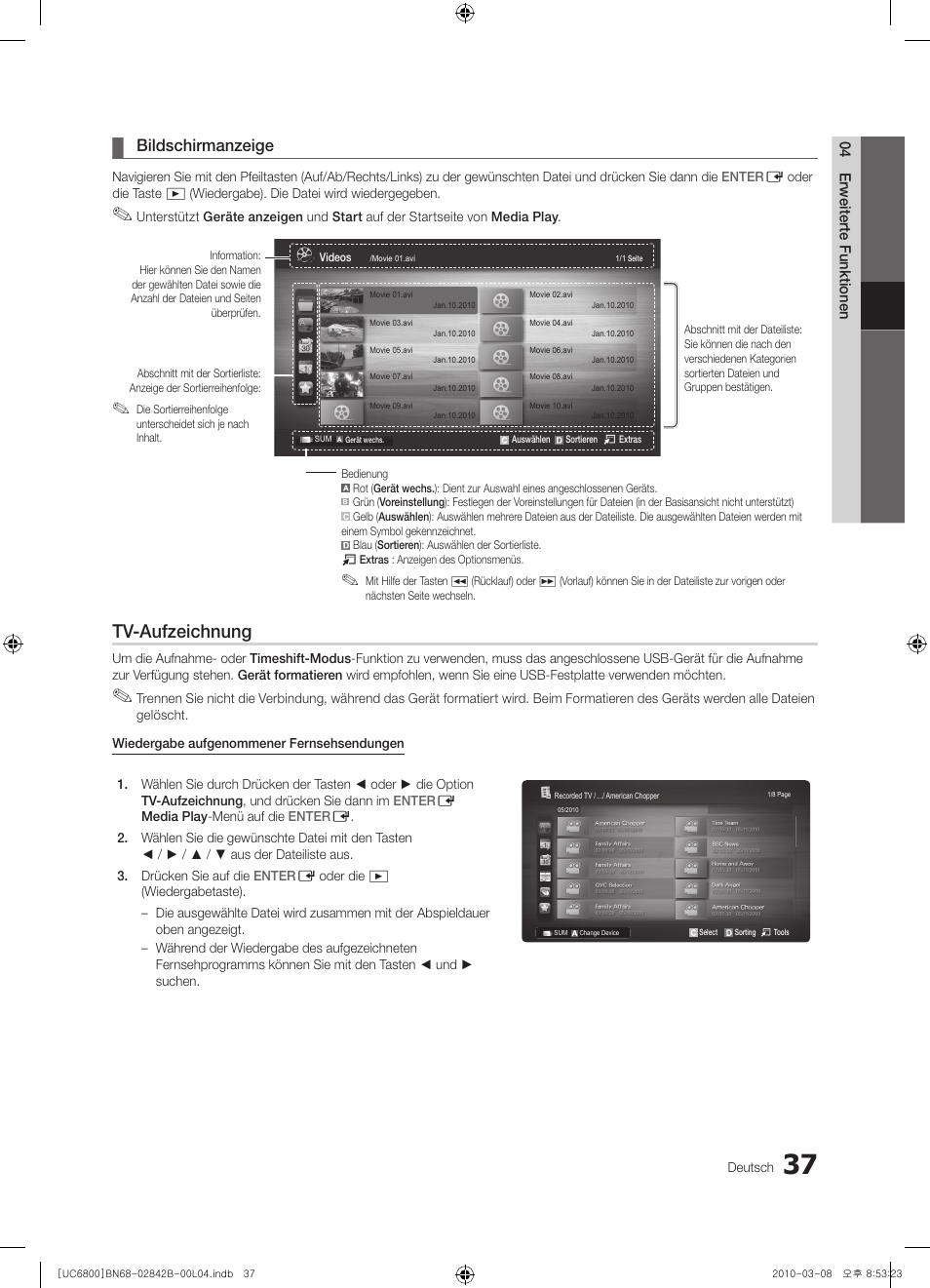 Tv-aufzeichnung, Bildschirmanzeige | Samsung UE46C6820US User Manual | Page 161 / 249