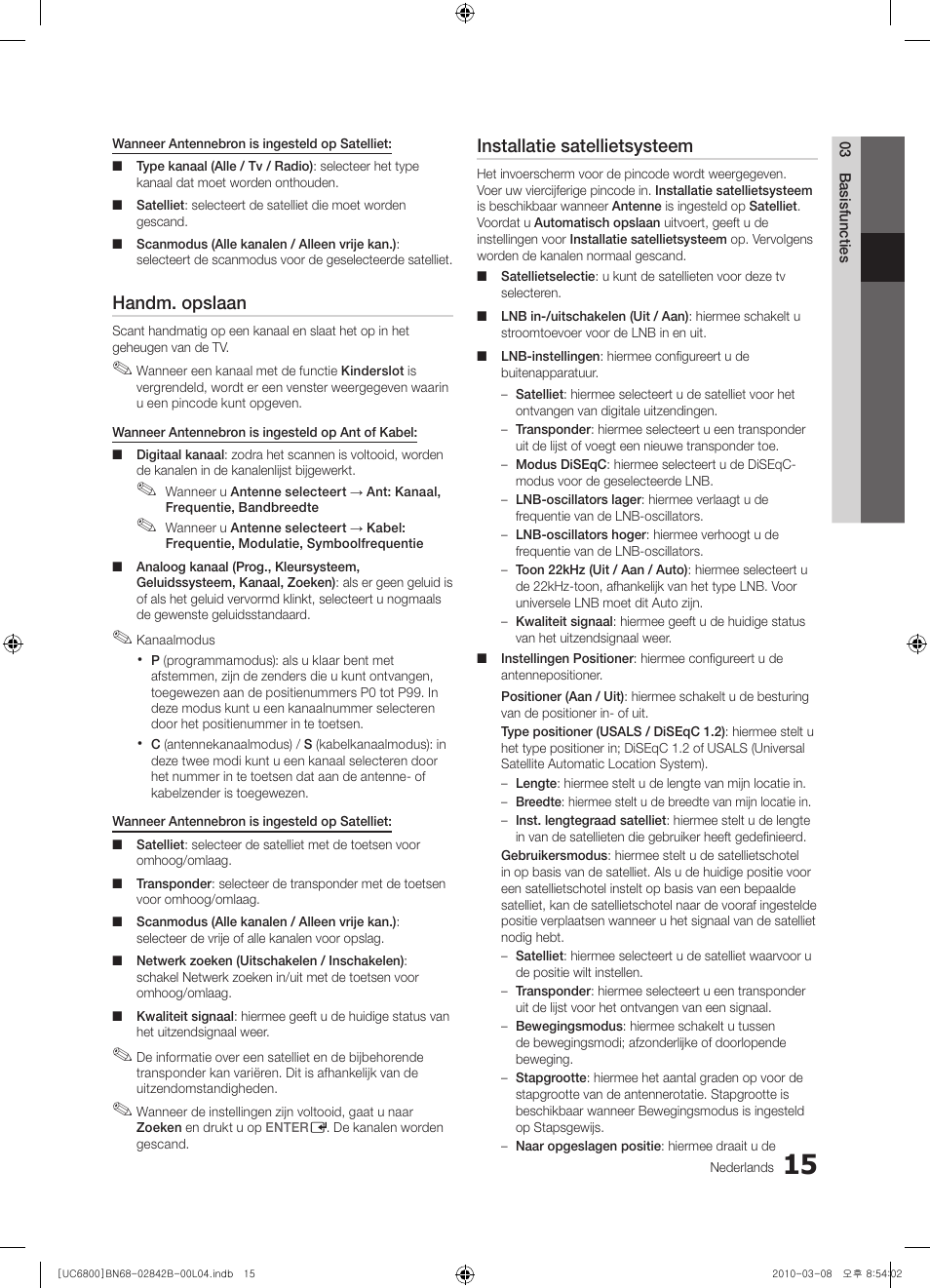 Handm. opslaan, Installatie satellietsysteem | Samsung UE46C6820US User Manual | Page 201 / 249