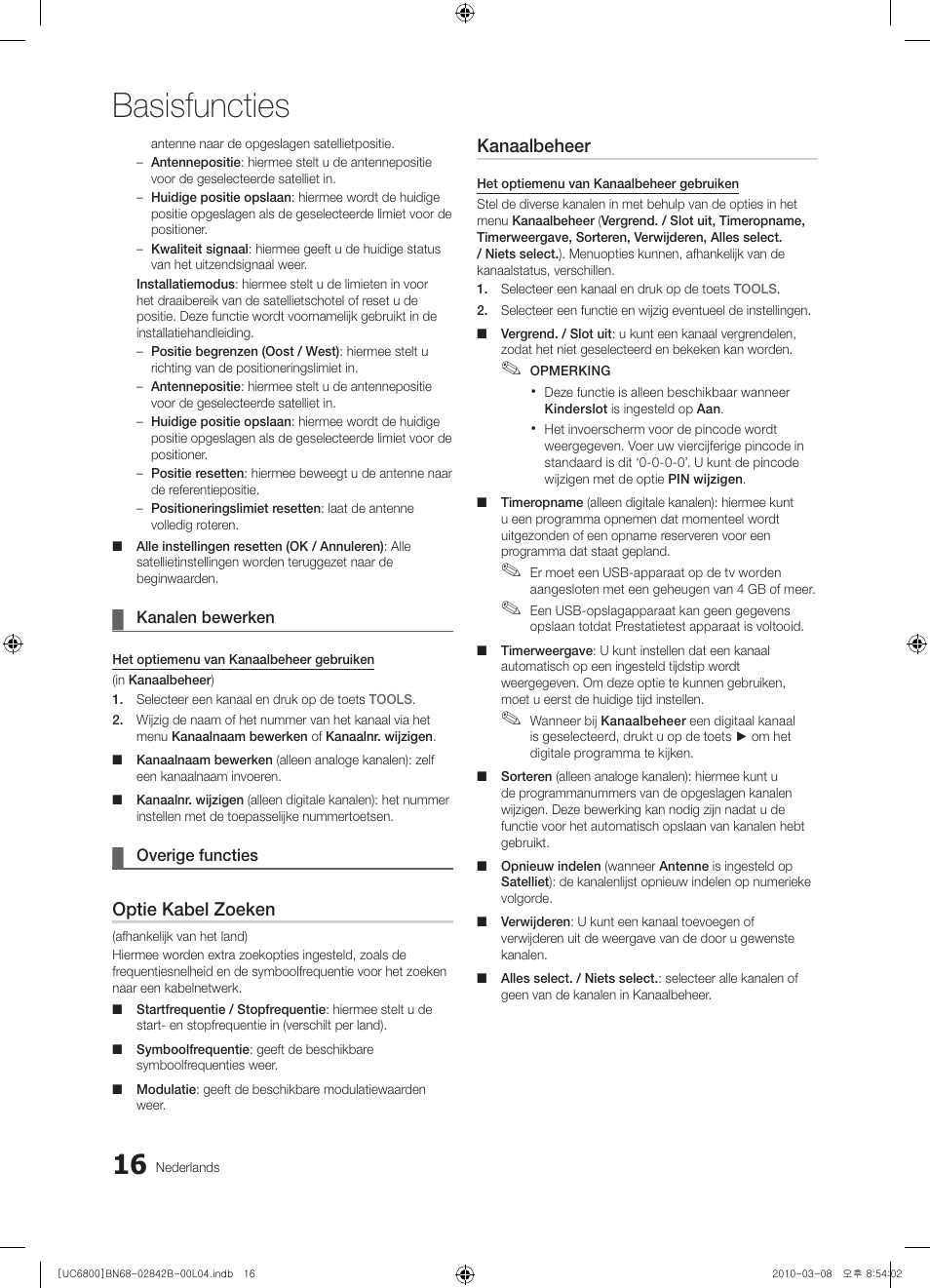 Basisfuncties, Optie kabel zoeken, Kanaalbeheer | Samsung UE46C6820US User Manual | Page 202 / 249