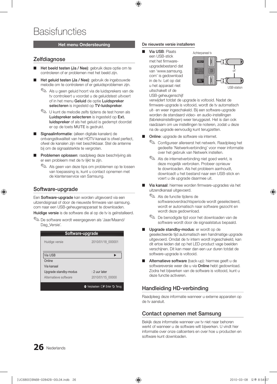 Basisfuncties, Zelfdiagnose, Software-upgrade | Handleiding hd-verbinding, Contact opnemen met samsung | Samsung UE46C6820US User Manual | Page 212 / 249