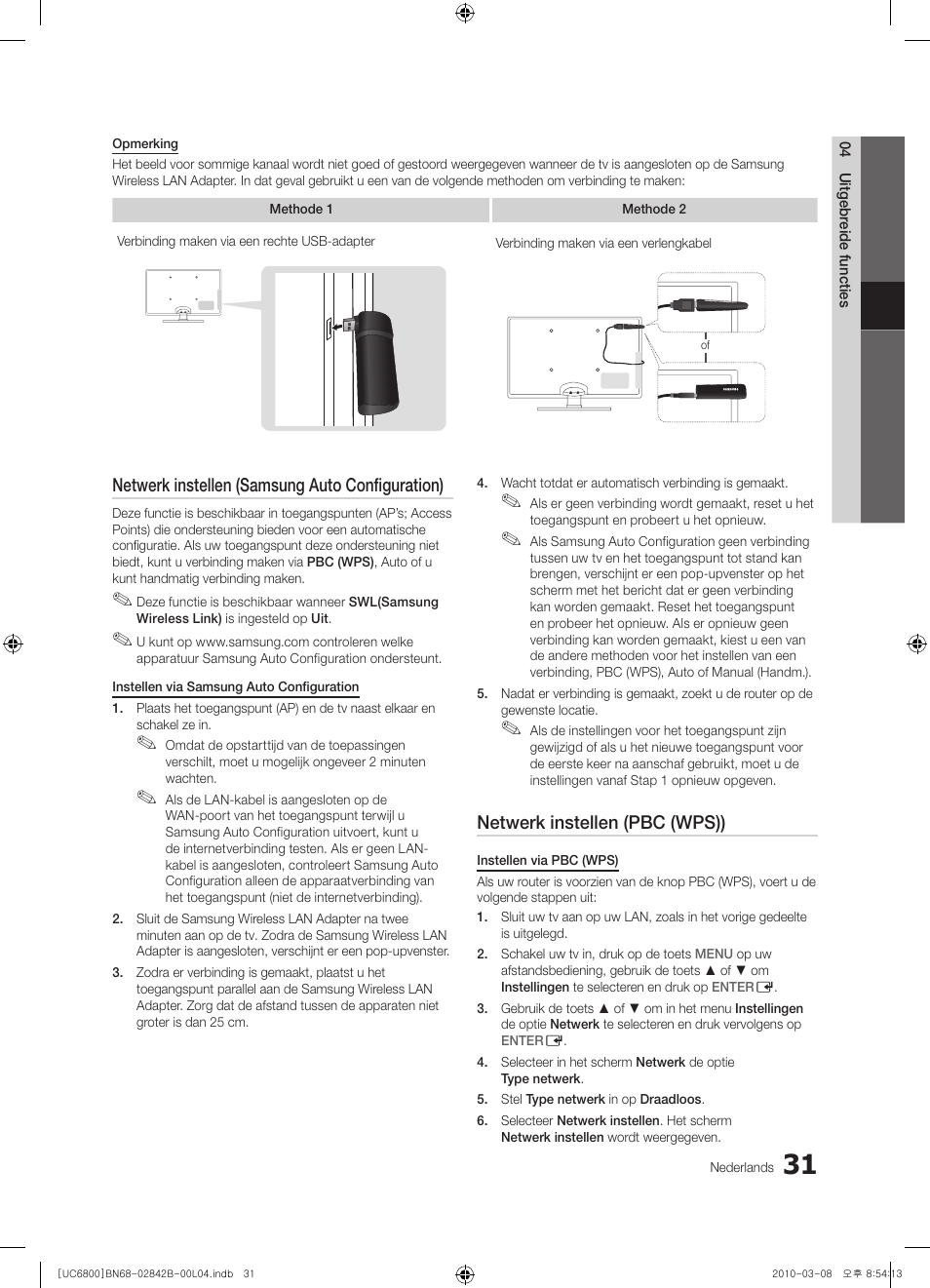 Netwerk instellen (samsung auto configuration), Netwerk instellen (pbc (wps)) | Samsung UE46C6820US User Manual | Page 217 / 249