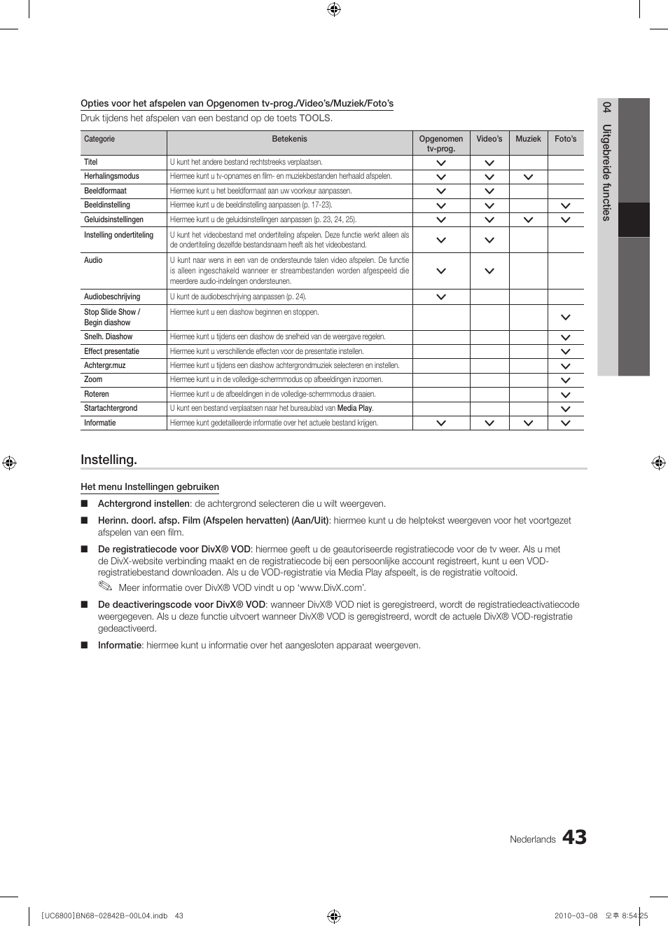 Instelling | Samsung UE46C6820US User Manual | Page 229 / 249
