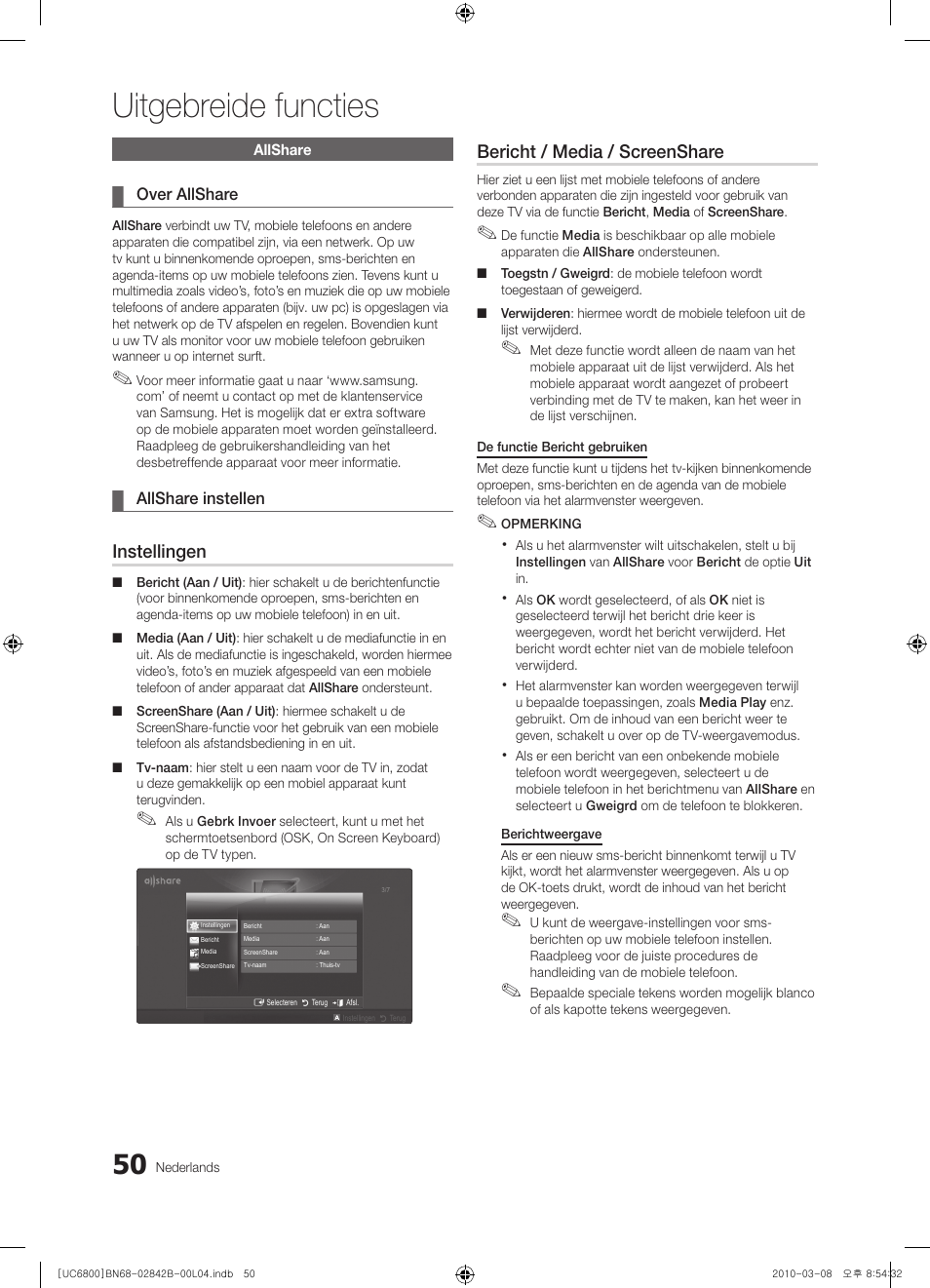 Uitgebreide functies, Instellingen, Bericht / media / screenshare | Samsung UE46C6820US User Manual | Page 236 / 249