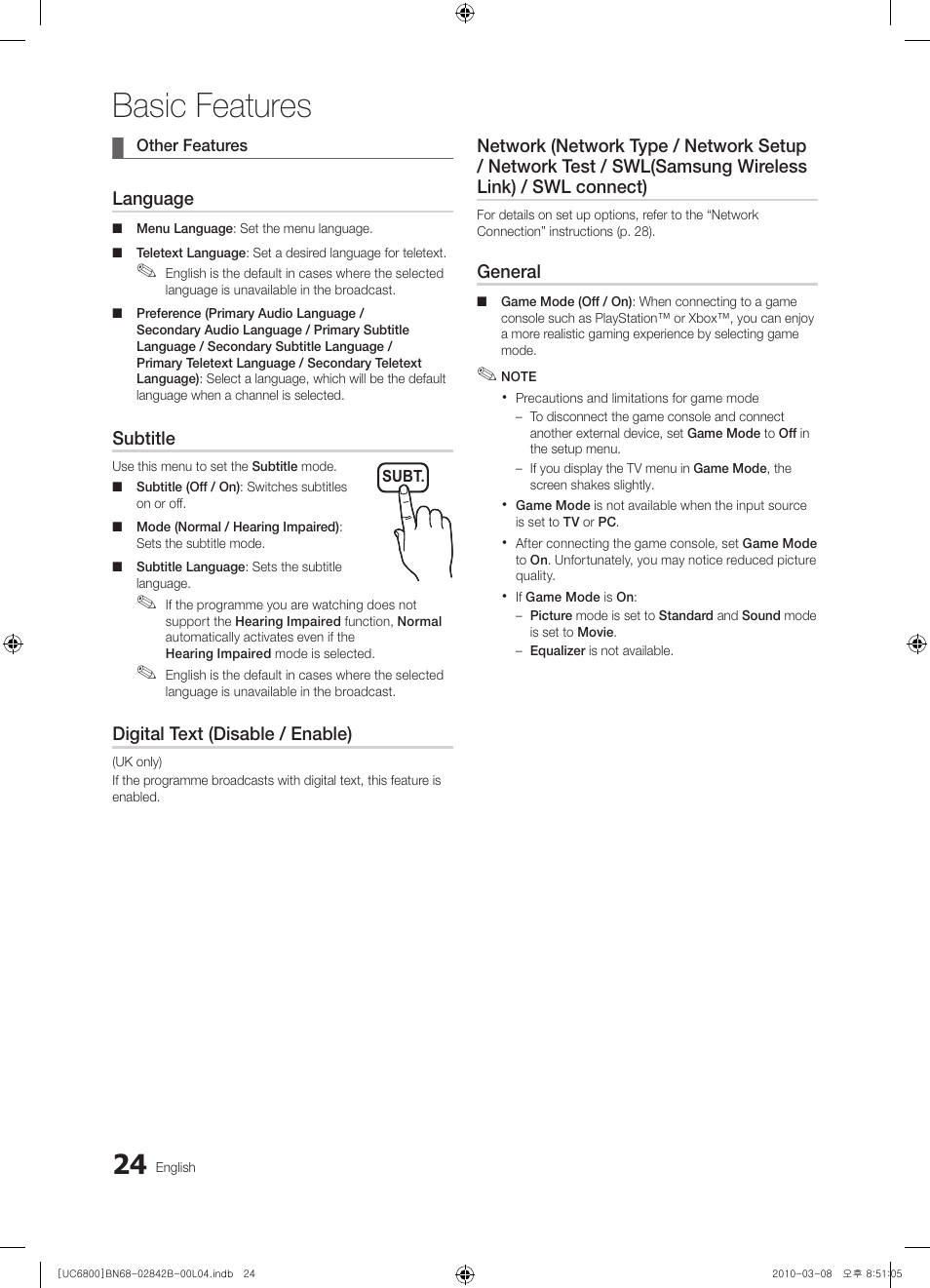 Basic features | Samsung UE46C6820US User Manual | Page 24 / 249