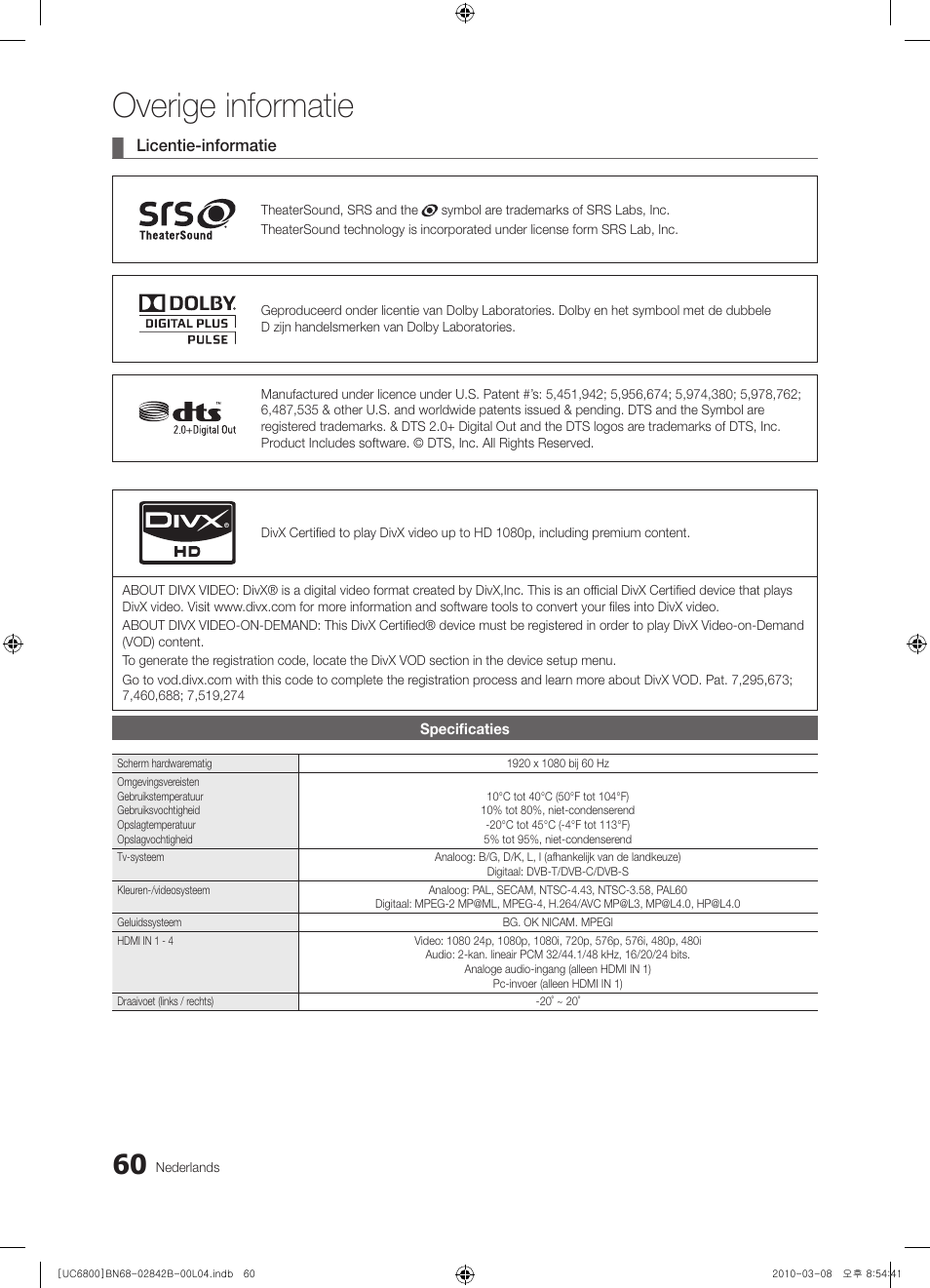 Overige informatie | Samsung UE46C6820US User Manual | Page 246 / 249