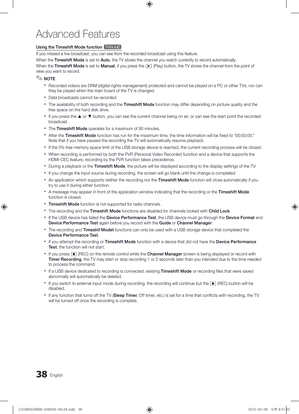 Advanced features | Samsung UE46C6820US User Manual | Page 38 / 249