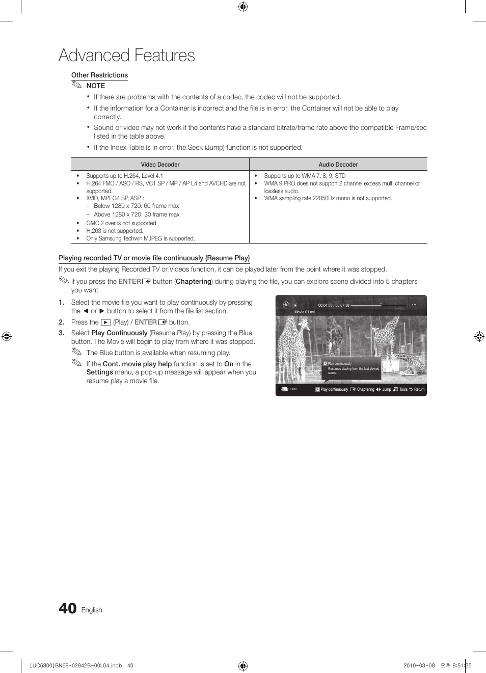 Advanced features | Samsung UE46C6820US User Manual | Page 40 / 249