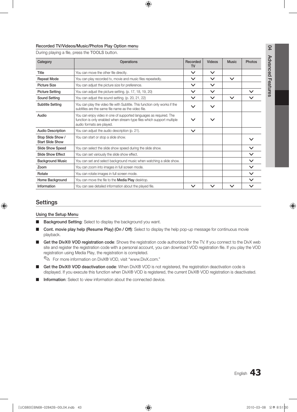 Settings | Samsung UE46C6820US User Manual | Page 43 / 249