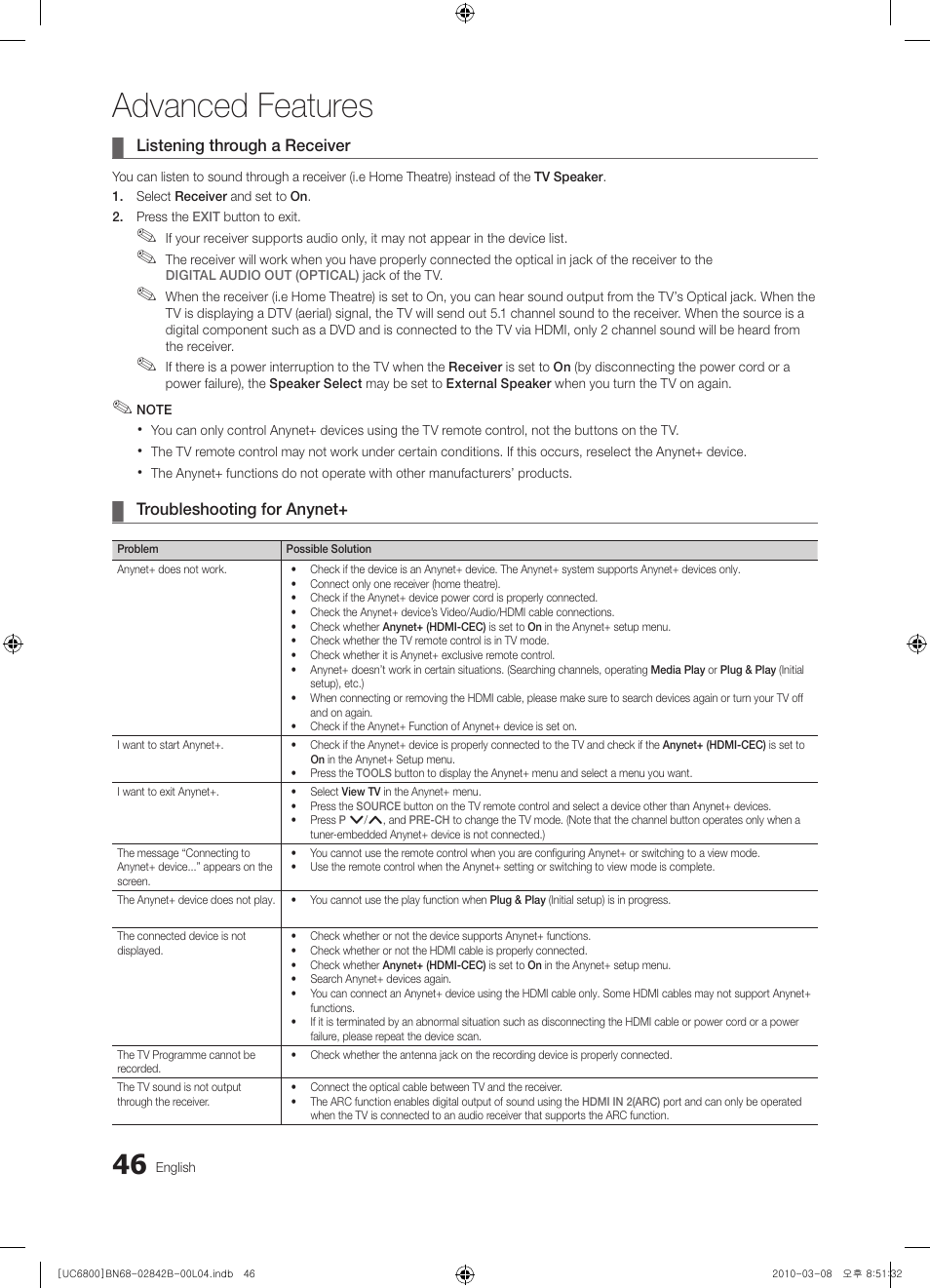 Advanced features | Samsung UE46C6820US User Manual | Page 46 / 249
