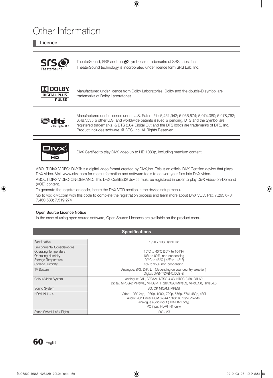 Other information | Samsung UE46C6820US User Manual | Page 60 / 249