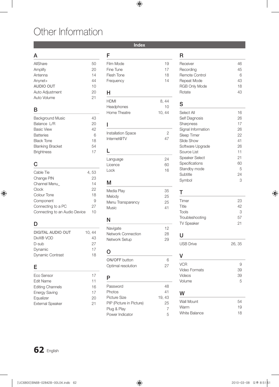 Other information | Samsung UE46C6820US User Manual | Page 62 / 249