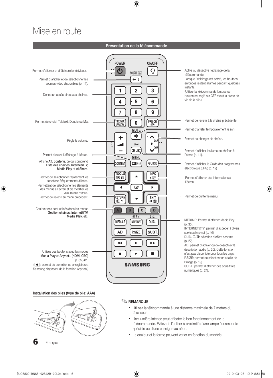 Mise en route | Samsung UE46C6820US User Manual | Page 68 / 249