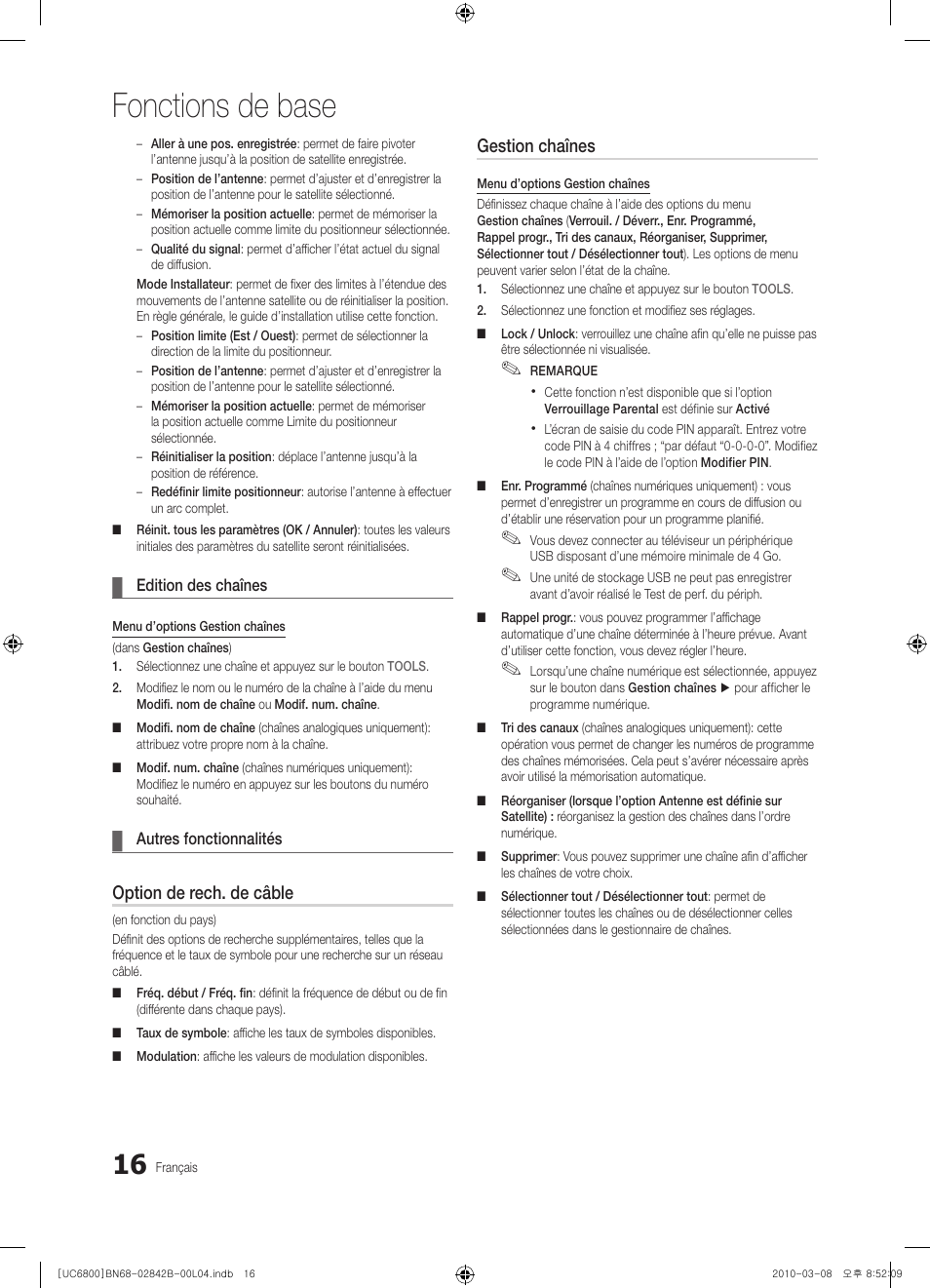 Fonctions de base, Option de rech. de câble, Gestion chaînes | Samsung UE46C6820US User Manual | Page 78 / 249