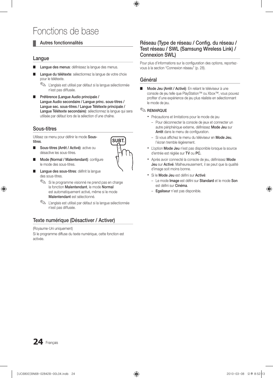 Fonctions de base | Samsung UE46C6820US User Manual | Page 86 / 249