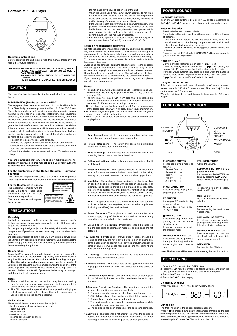 Audiovox Portable MP3 CD Player User Manual | 2 pages