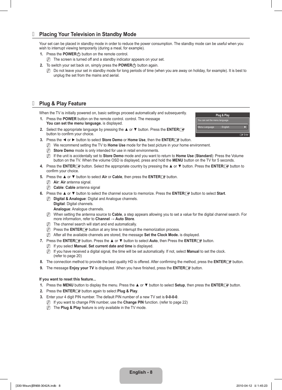 Placing your television in standby mode, Plug & play feature | Samsung LE22C330F2W User Manual | Page 10 / 212
