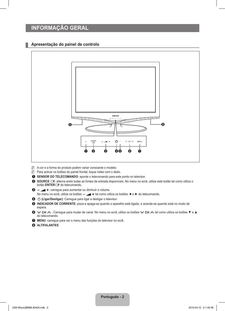 Informação geral, Apresentação do painel de controlo | Samsung LE22C330F2W User Manual | Page 106 / 212