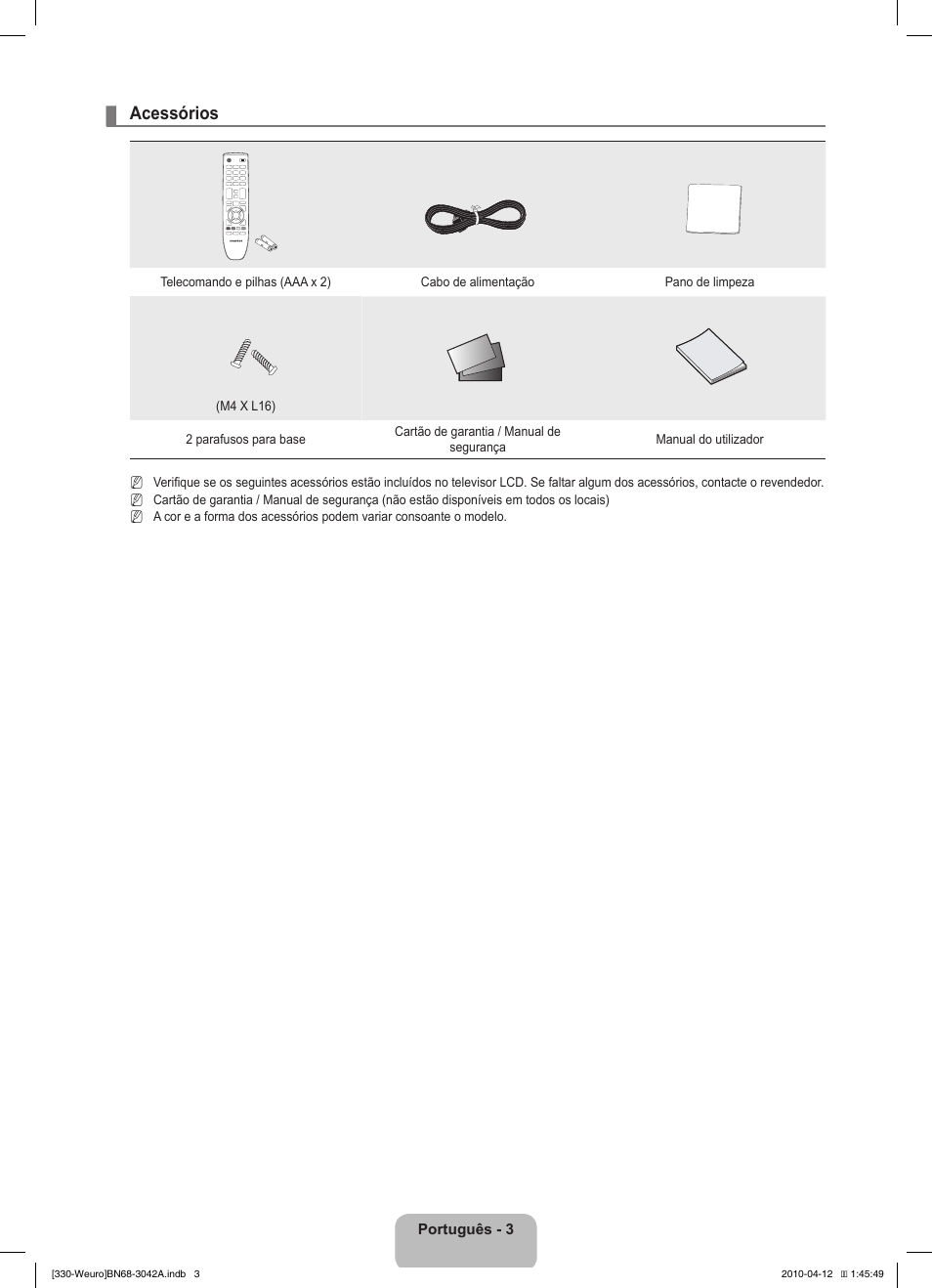 Acessórios | Samsung LE22C330F2W User Manual | Page 107 / 212