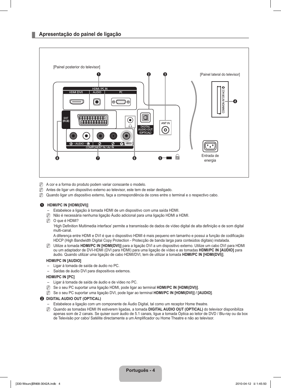 Apresentação do painel de ligação | Samsung LE22C330F2W User Manual | Page 108 / 212