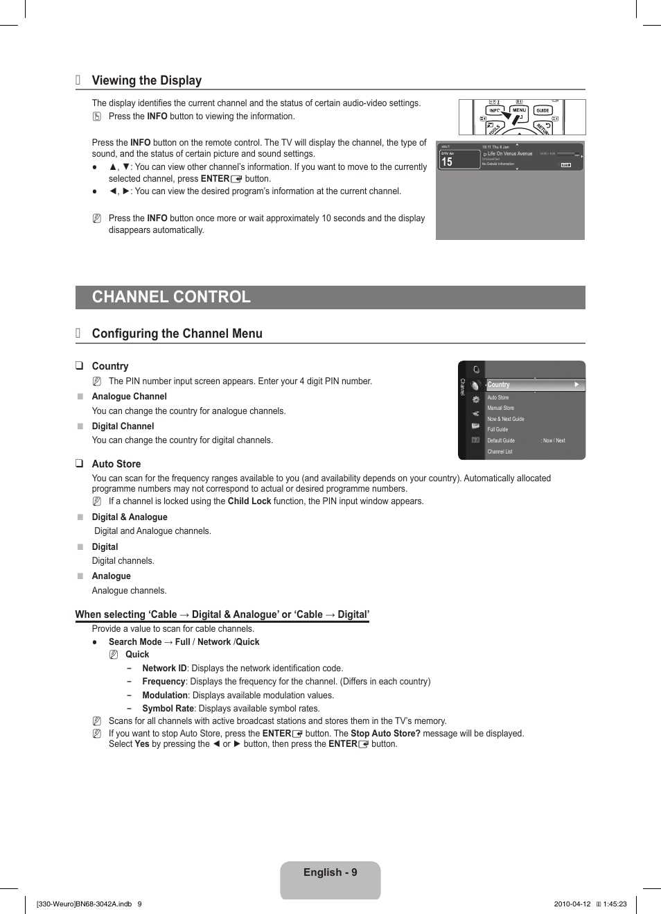 Channel control, Viewing the display, Configuring the channel menu | Samsung LE22C330F2W User Manual | Page 11 / 212