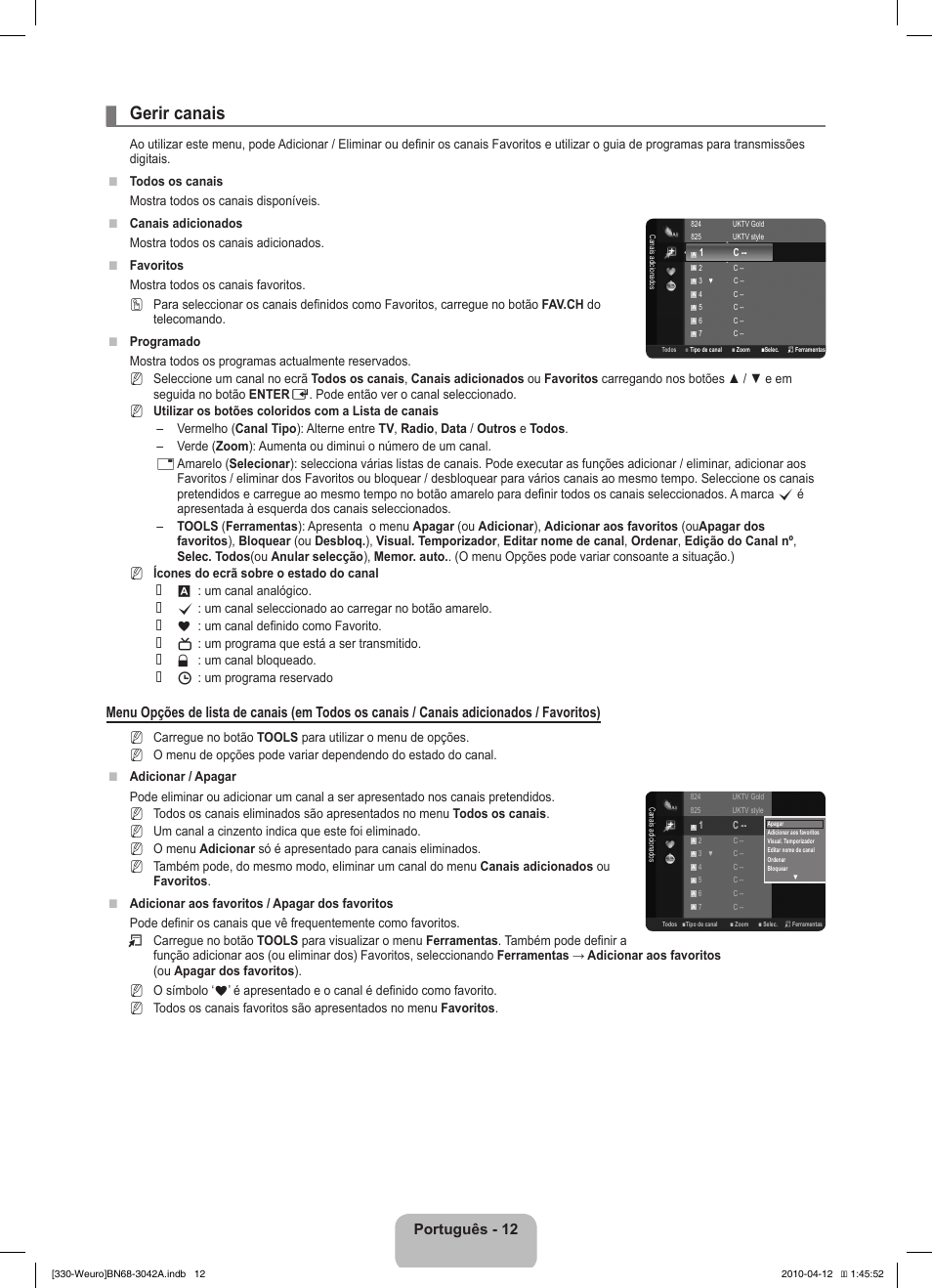 Gerir canais, Português - 12 | Samsung LE22C330F2W User Manual | Page 116 / 212