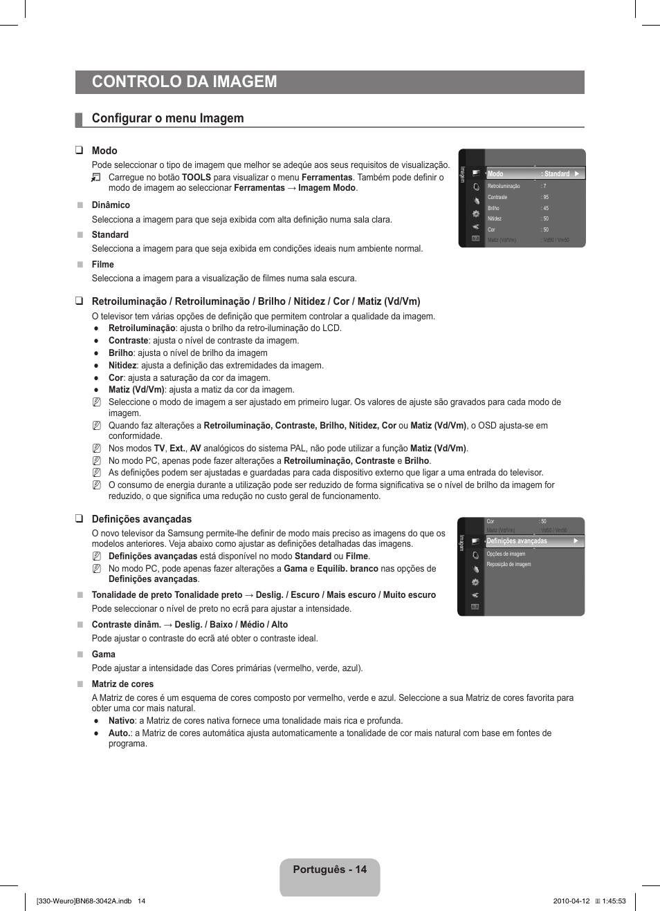 Controlo da imagem, Configurar o menu imagem | Samsung LE22C330F2W User Manual | Page 118 / 212