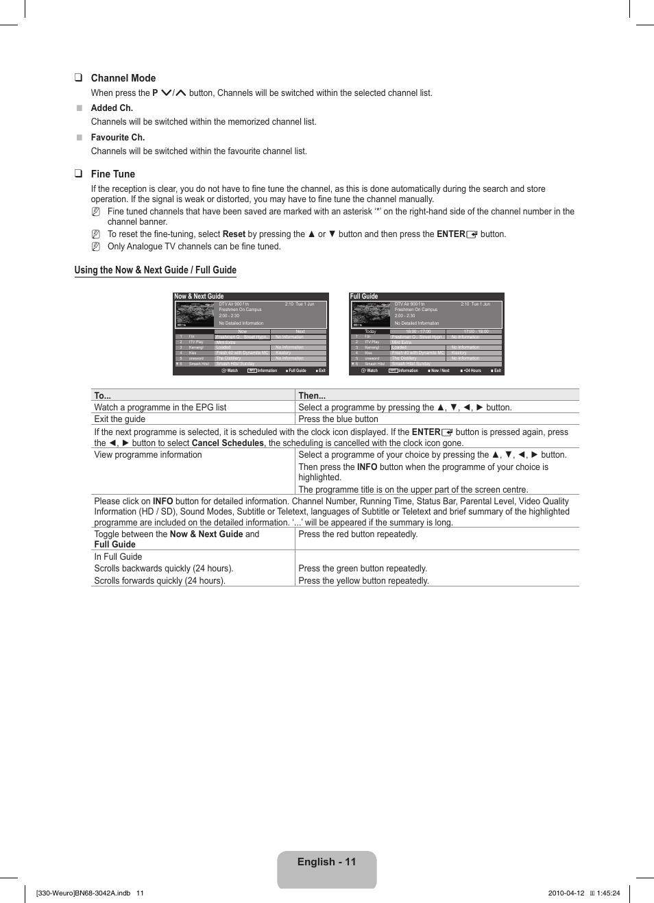 English - 11 channel mode, Fine tune, Using the now & next guide / full guide | Samsung LE22C330F2W User Manual | Page 13 / 212
