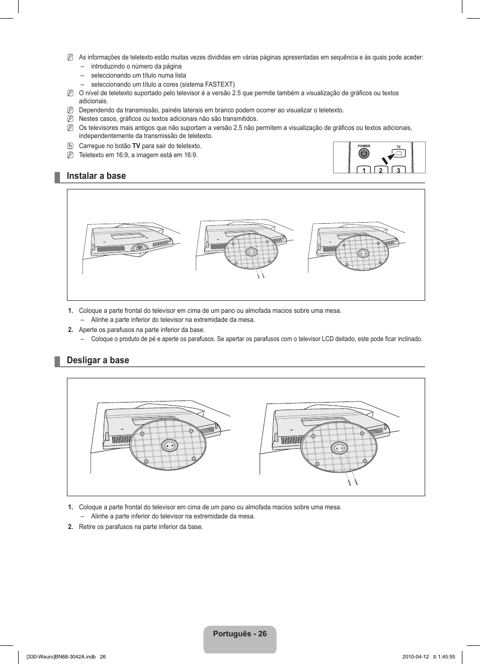 Instalar a base, Desligar a base | Samsung LE22C330F2W User Manual | Page 130 / 212