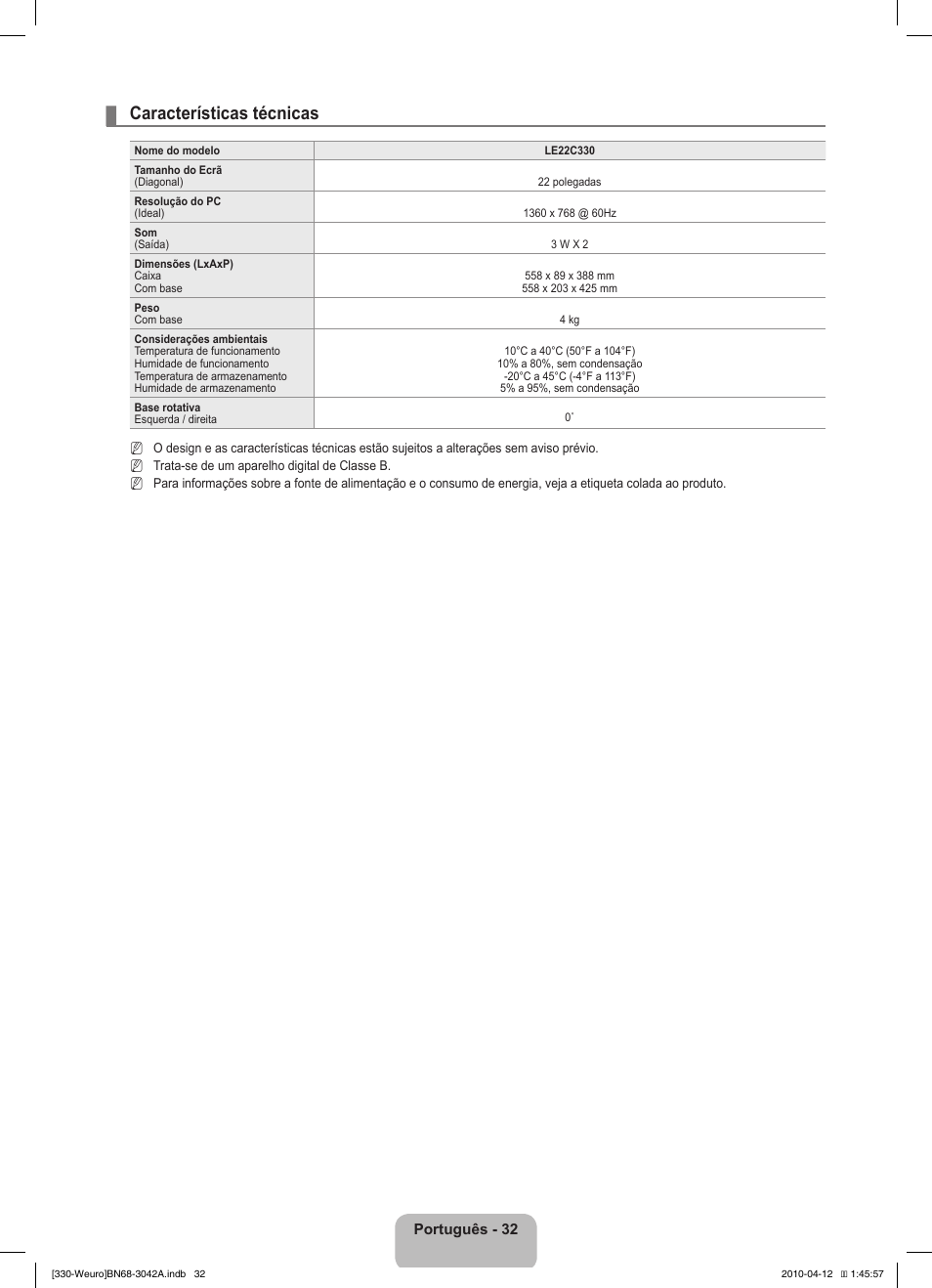 Características técnicas | Samsung LE22C330F2W User Manual | Page 136 / 212