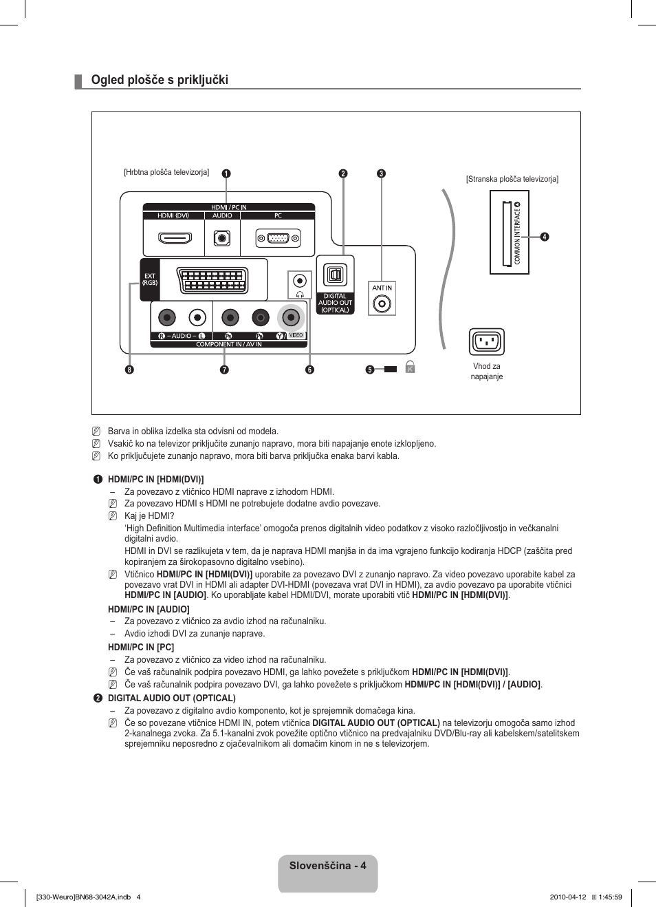 Ogled plošče s priključki | Samsung LE22C330F2W User Manual | Page 142 / 212