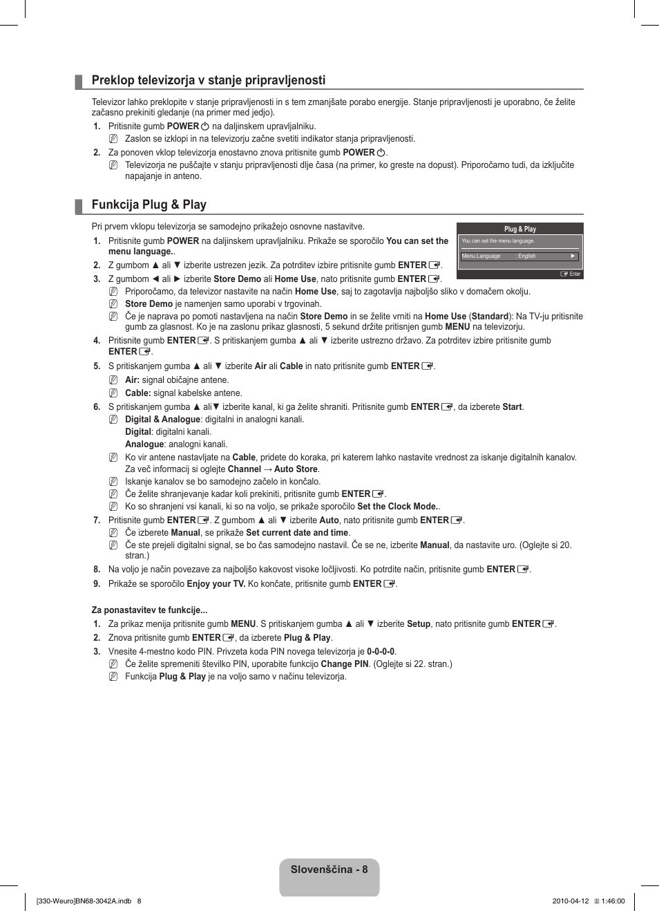 Preklop televizorja v stanje pripravljenosti, Funkcija plug & play | Samsung LE22C330F2W User Manual | Page 146 / 212