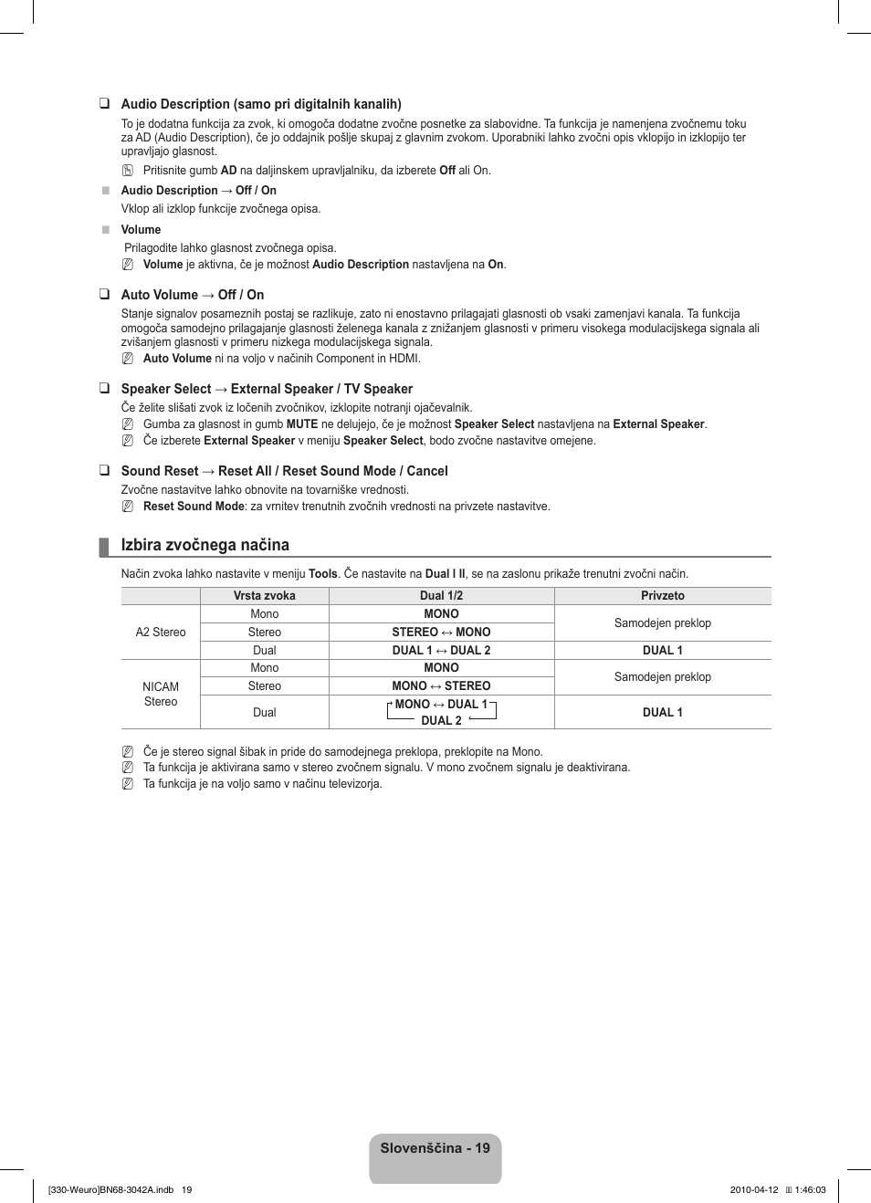 Izbira zvočnega načina | Samsung LE22C330F2W User Manual | Page 157 / 212