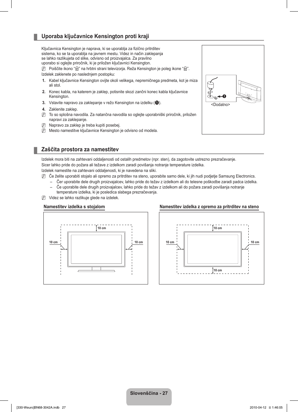 Uporaba ključavnice kensington proti kraji, Zaščita prostora za namestitev | Samsung LE22C330F2W User Manual | Page 165 / 212