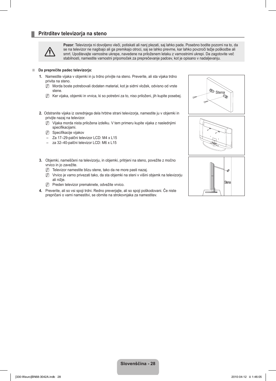 Pritrditev televizorja na steno | Samsung LE22C330F2W User Manual | Page 166 / 212