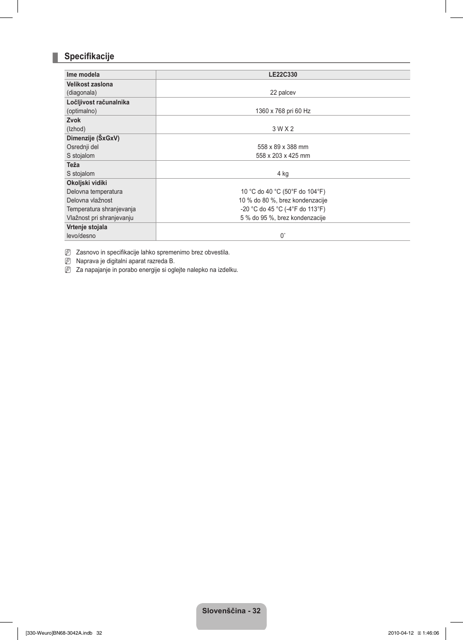 Specifikacije | Samsung LE22C330F2W User Manual | Page 170 / 212