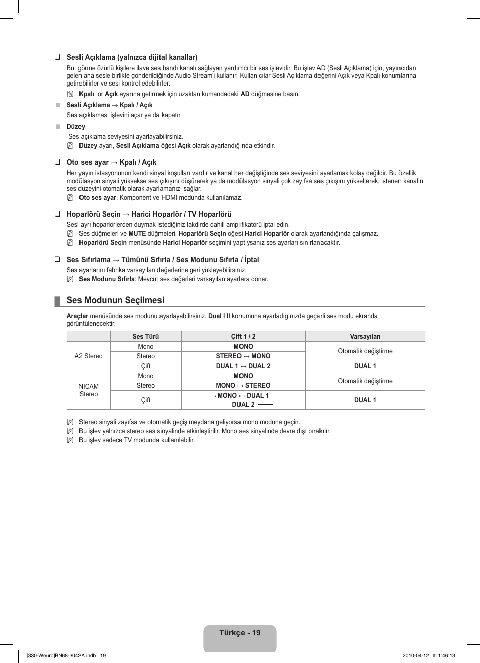 Ses modunun seçilmesi | Samsung LE22C330F2W User Manual | Page 191 / 212