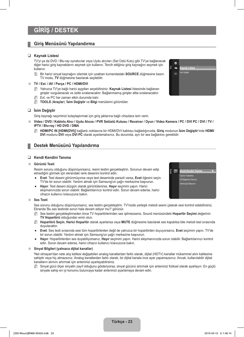 Giriş / destek, Giriş menüsünü yapılandırma, Destek menüsünü yapılandırma | Samsung LE22C330F2W User Manual | Page 195 / 212