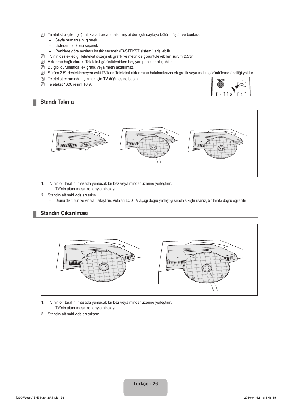 Standı takma, Standın çıkarılması | Samsung LE22C330F2W User Manual | Page 198 / 212
