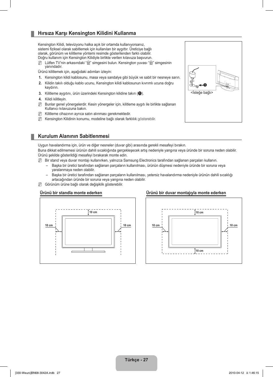 Hırsıza karşı kensington kilidini kullanma, Kurulum alanının sabitlenmesi | Samsung LE22C330F2W User Manual | Page 199 / 212
