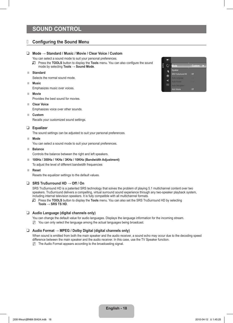 Sound control, Configuring the sound menu | Samsung LE22C330F2W User Manual | Page 20 / 212