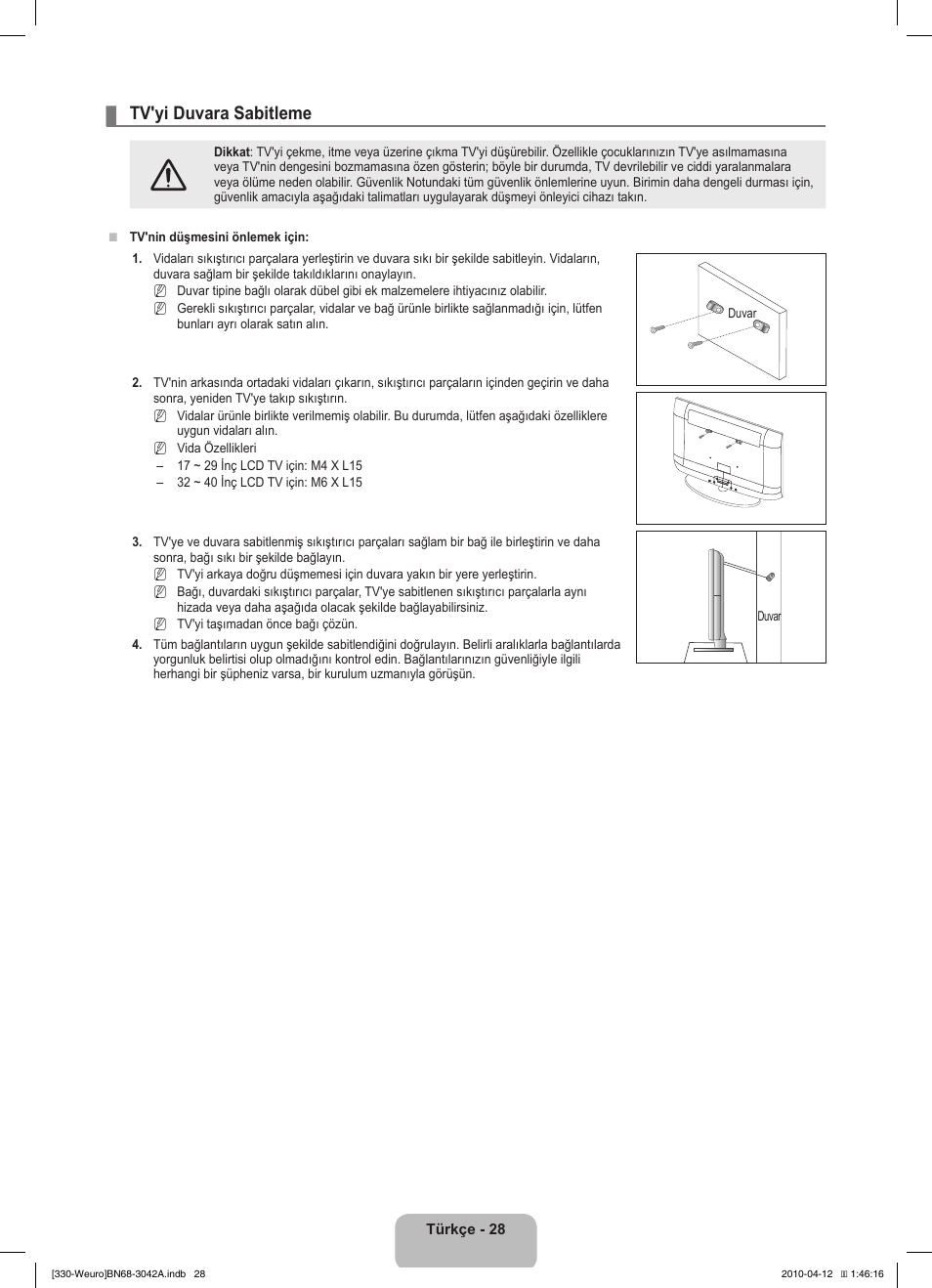 Tv'yi duvara sabitleme | Samsung LE22C330F2W User Manual | Page 200 / 212