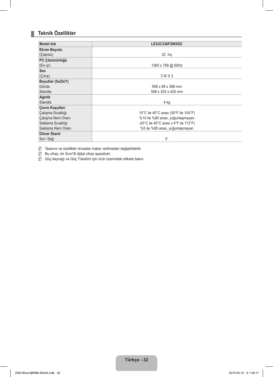 Teknik özellikler | Samsung LE22C330F2W User Manual | Page 204 / 212
