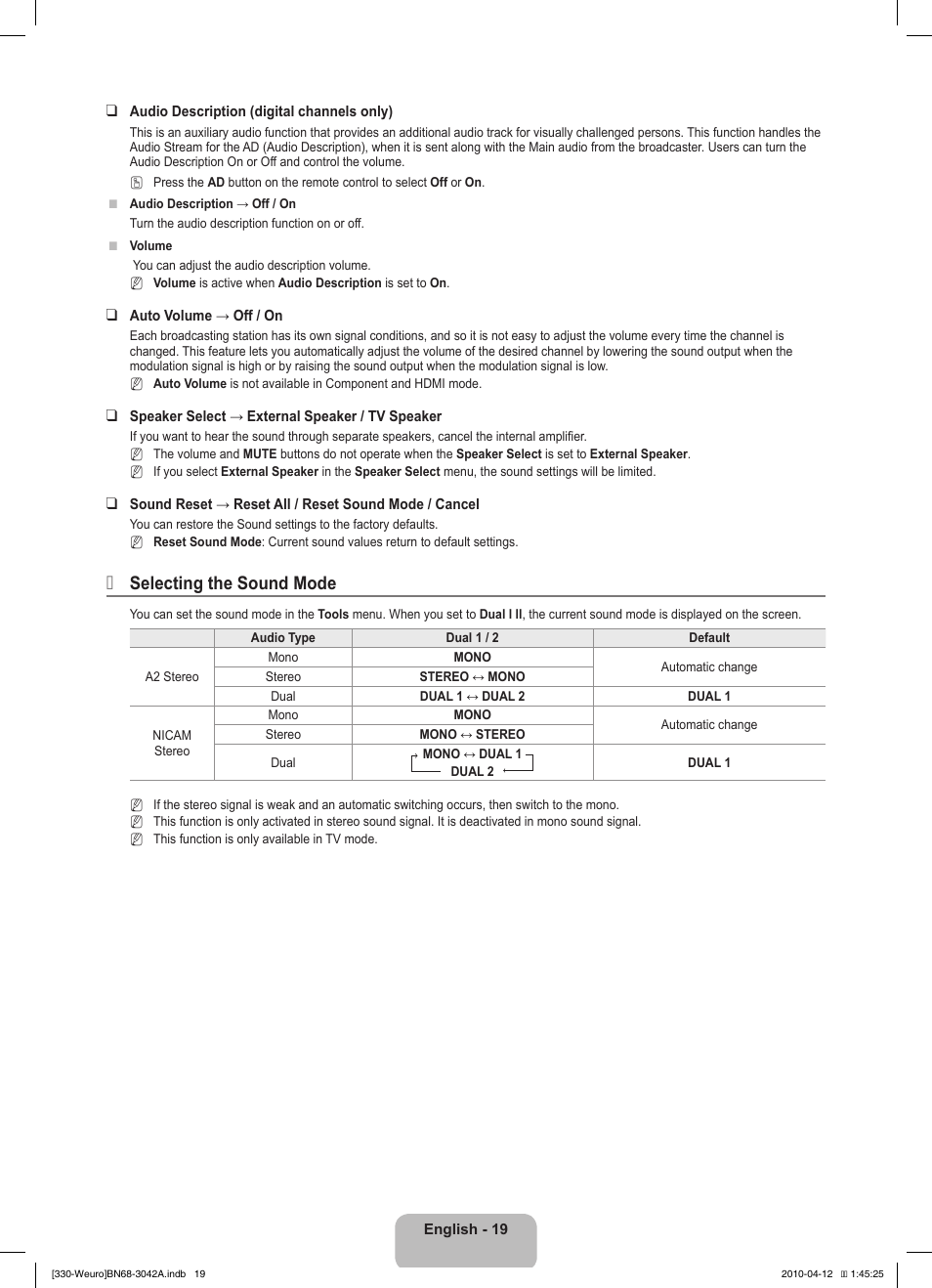 Selecting the sound mode | Samsung LE22C330F2W User Manual | Page 21 / 212