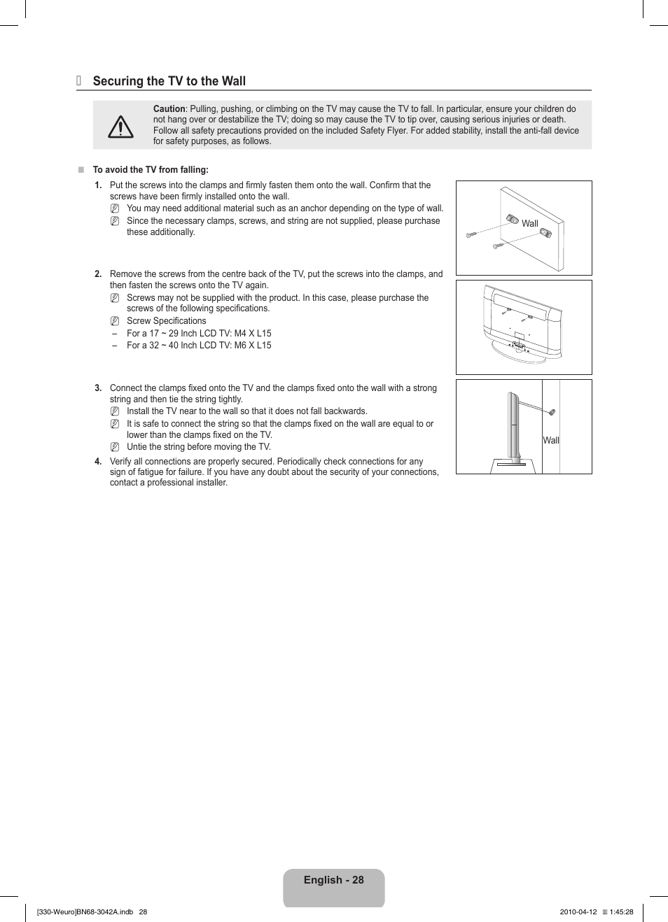 Securing the tv to the wall | Samsung LE22C330F2W User Manual | Page 30 / 212
