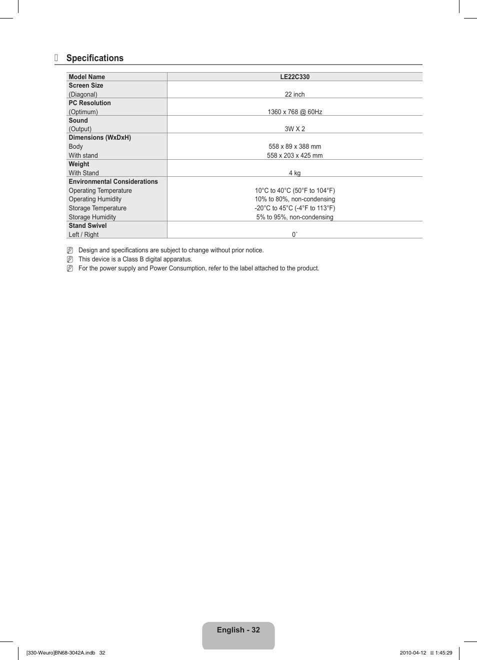 Specifications | Samsung LE22C330F2W User Manual | Page 34 / 212