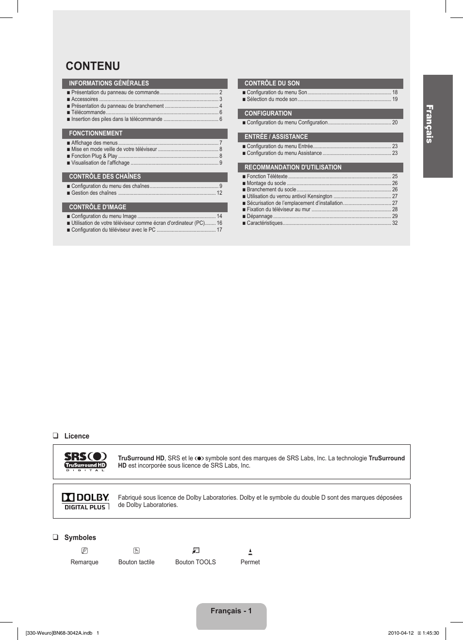 Contenu, Fr ançais | Samsung LE22C330F2W User Manual | Page 37 / 212