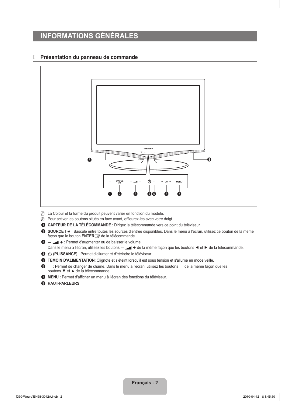 Informations générales, Présentation du panneau de commande | Samsung LE22C330F2W User Manual | Page 38 / 212